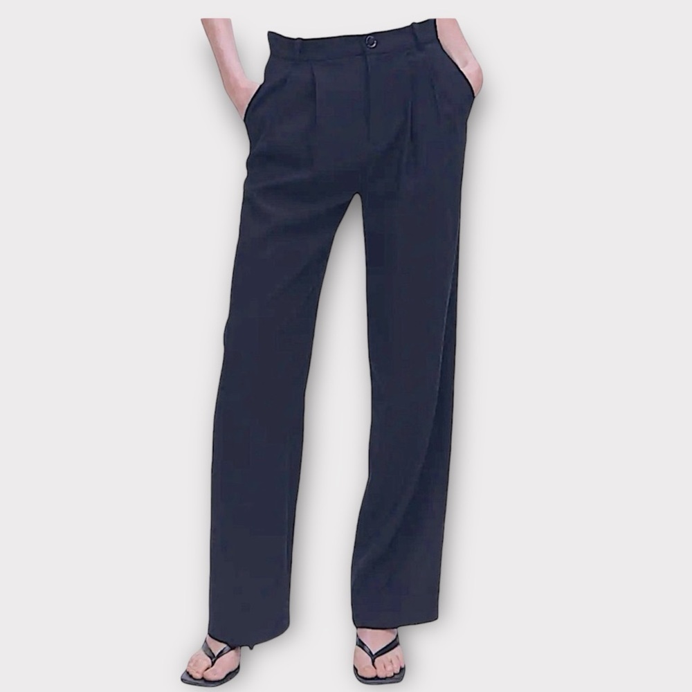 KAREN KANE NAVY BLUE TROUSERS PLEATED STRAIGHT LEG Relaxed Fit Size 2P High W…